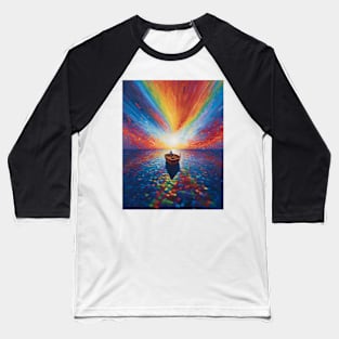 Lone Man on Boat under the Rainbow Sky Mosaic Baseball T-Shirt